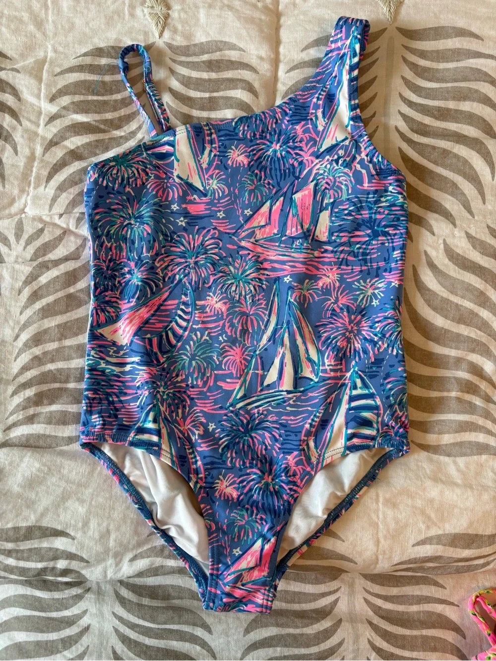 Lilly Pulitzer One-Shoulder Sailboat Print Swimsuit in Blue, Pink & Teal